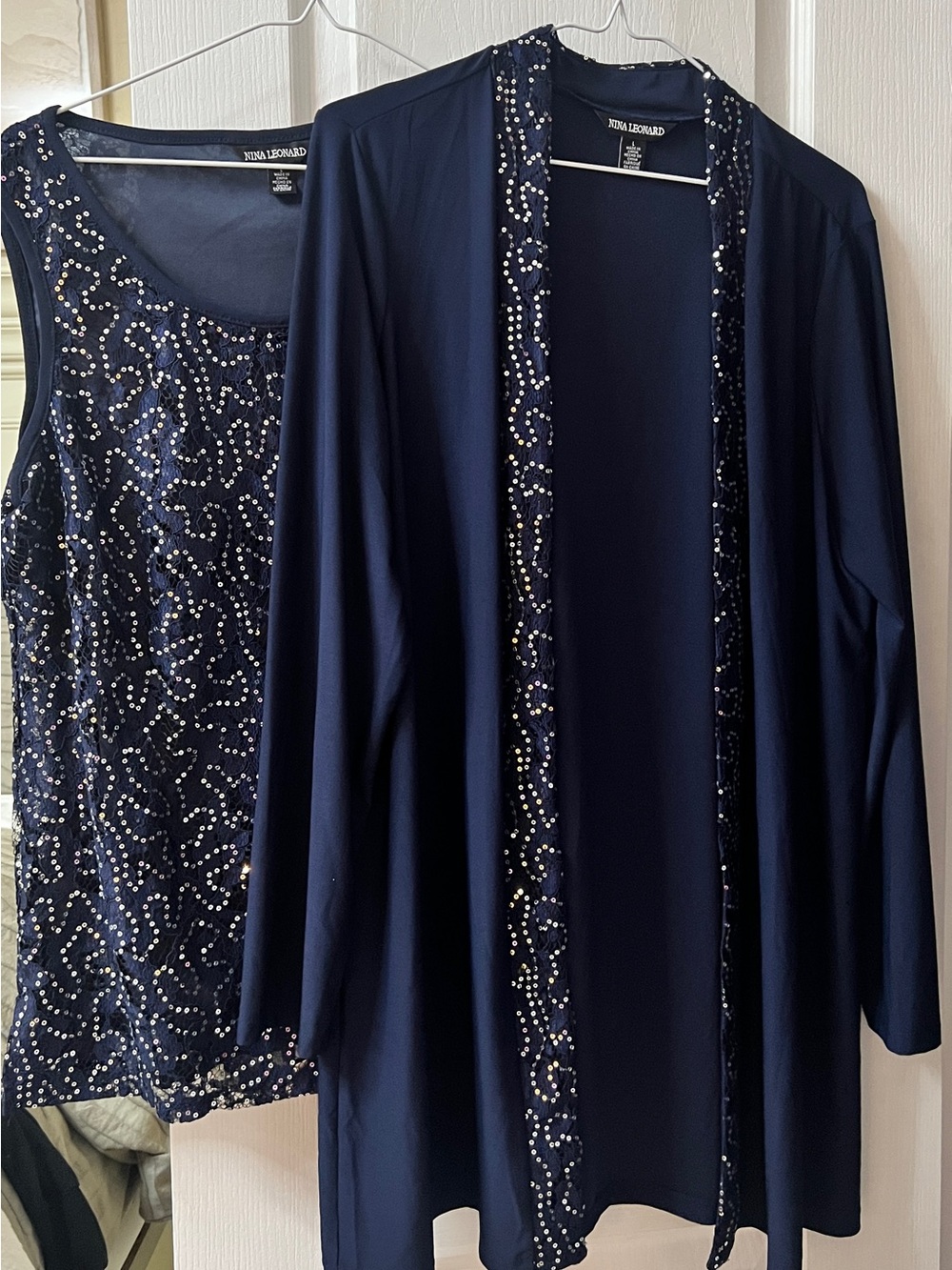 Nina Leonard Navy Beaded Tank & Jacket Set